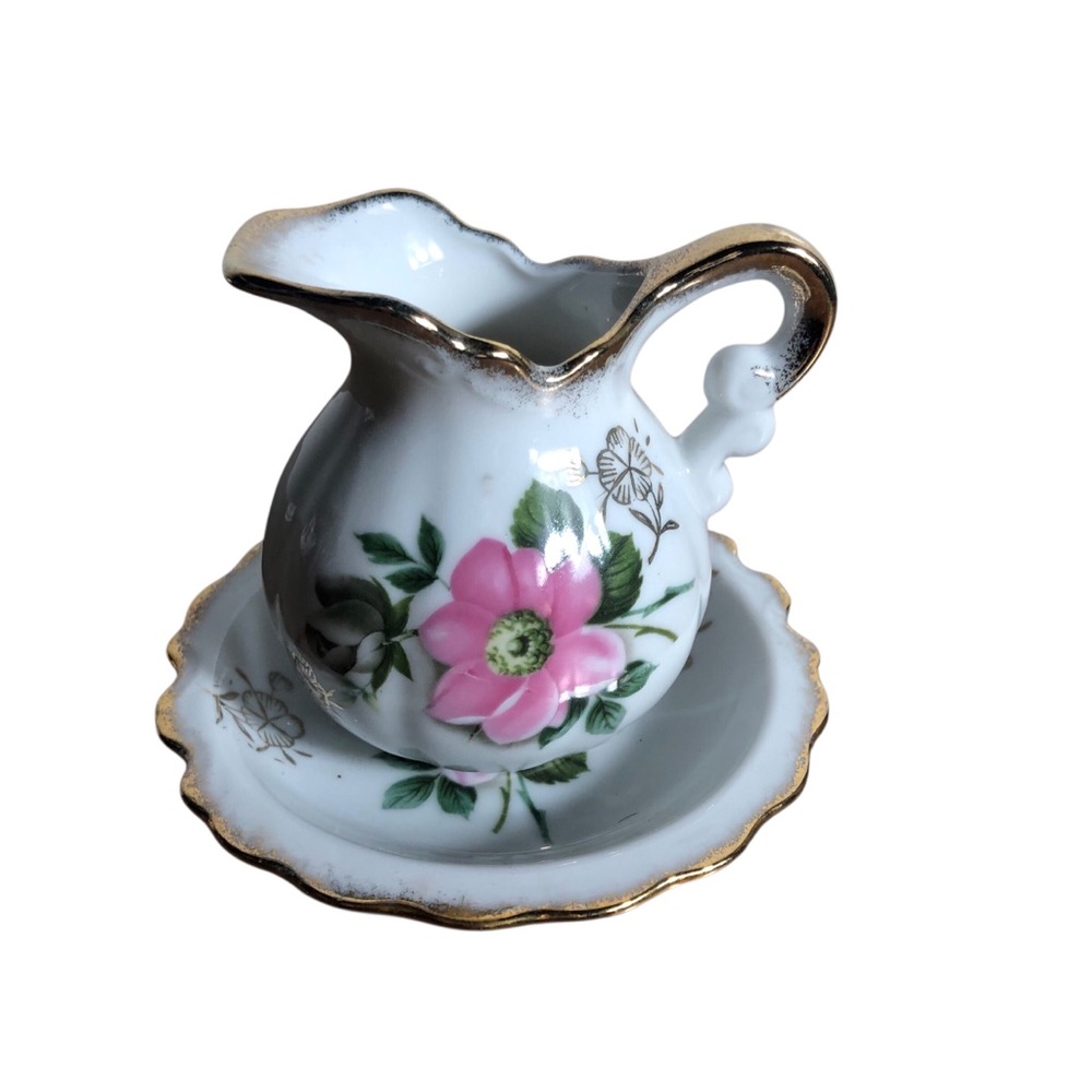 Vintage Lego Japan mini pitcher and saucer floral porcelain